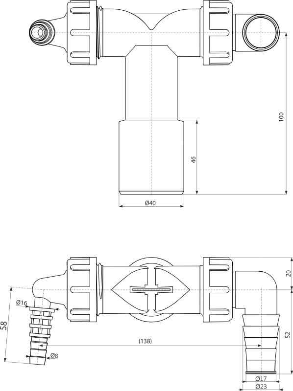 Колено с двумя штуцерами Alca Plast DN40/32 / 8–23 с обратными клапанами P156Z - фото 2
