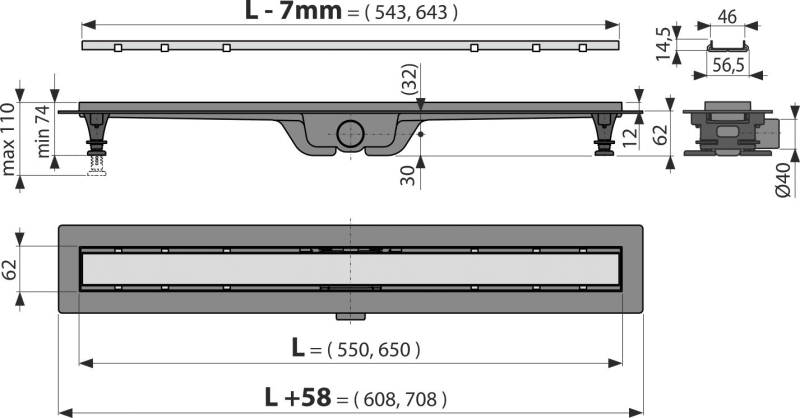 Душевой лоток Alcaplast 650 мм с решеткой под плитку APZ19-650 - фото 2