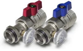 Кран шаровой прямой с американкой и термометром (красный + синий) TIM 1"