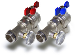 Кран угловой с тройником и термометром (красный + синий) TIM 1"