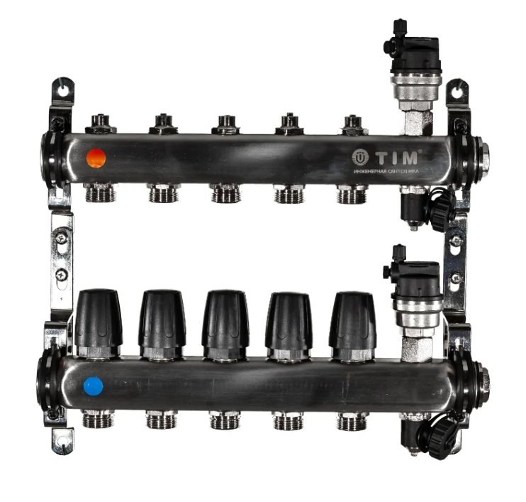 Коллекторная группа без расходомеров и кранов 1"-3/4", 5 хода , нерж, (КВАДРАТ) TIM