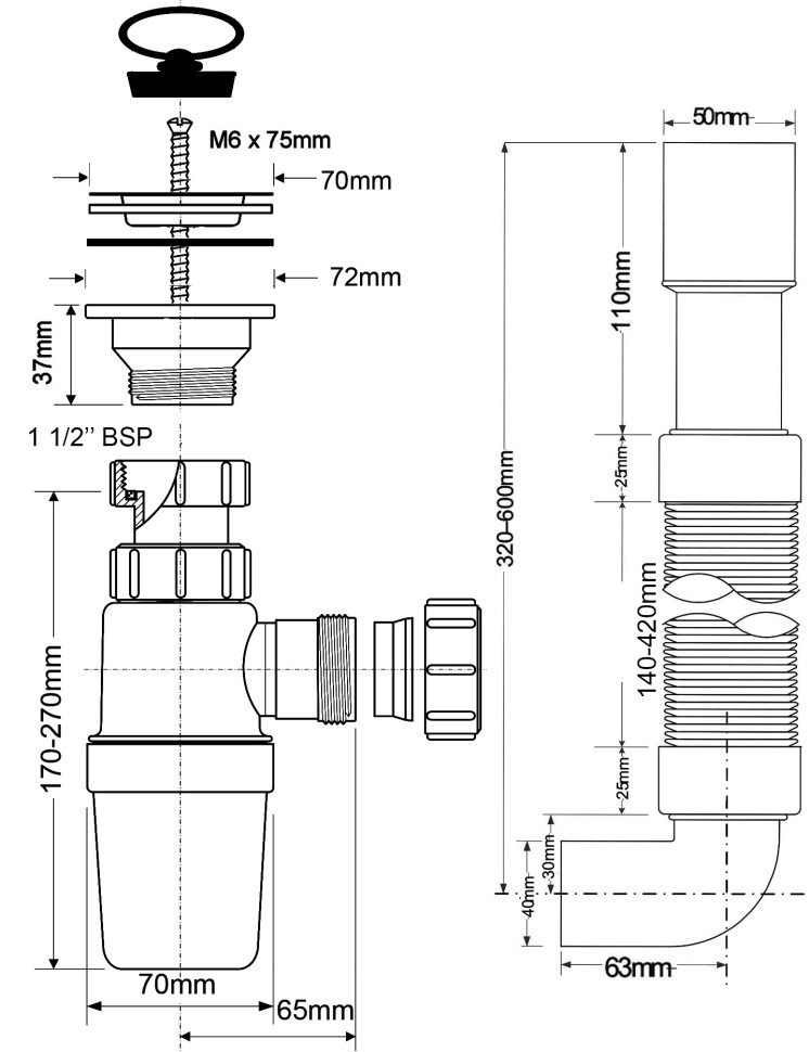 Сифон бутылочный с выпуском  и гофрой (L300-500мм) (1 1/2'x32мм) McAlpine  MRSK9 - фото 2
