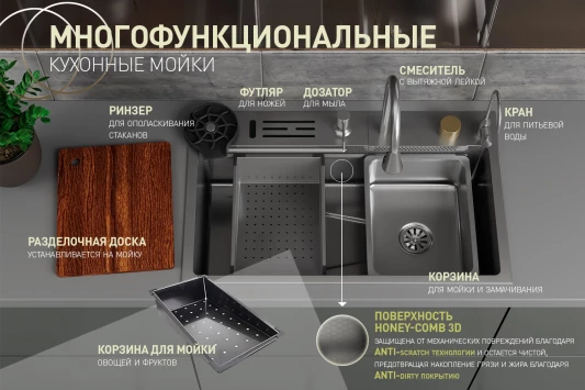 Кухонная мойка многофункц. DQ нерж.сталь темный графит в комплекте со смесителем и аксессуарами () DKS754605